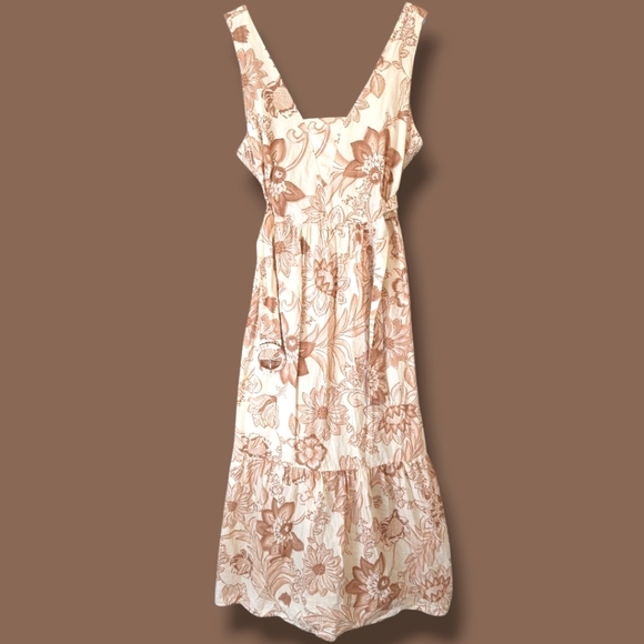 MNG Mango Orange Cream Cotton Sleeveless V-Neck Belted Flowy Martina Maxi Dress - Picture 2 of 11